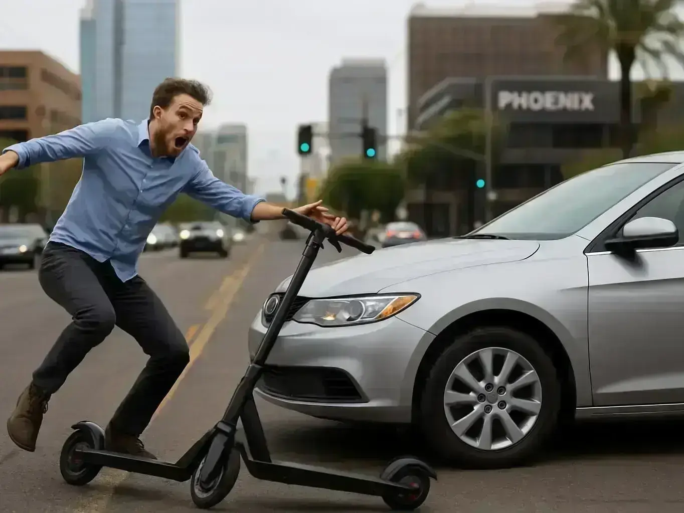 Buckeye e-scooter accident lawyer reviewing crash evidence from a wide suburban roadway near Historic Downtown Buckeye